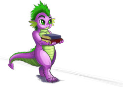 Size: 3507x2480 | Tagged: safe, artist:exelzior, spike, dragon, g4, book, carrying, colored sketch, high res, male, sketch, solo, walking