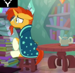 Size: 352x347 | Tagged: safe, screencap, sunburst, pony, unicorn, g4, the crystalling, book, chair, cropped, glasses, male, sitting, solo, stallion, table