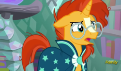 Size: 776x456 | Tagged: safe, screencap, sunburst, pony, unicorn, g4, the crystalling, book, bookshelf, cape, clothes, discovery family logo, glasses, male, solo, stallion