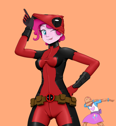 Size: 1000x1080 | Tagged: safe, artist:janji009, pinkie pie, human, equestria girls, g4, bracelet, breasts, clothes, clothes swap, cosplay, costume, costume swap, crossdressing, crossover, dab, deadpool, duo, female, jewelry, male, marvel, one eye closed, orange background, pinkiepool, simple background, skirt, tongue out, wade wilson, wink