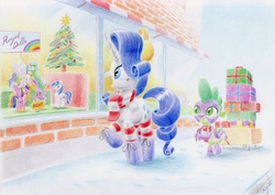 Size: 4615x3270 | Tagged: safe, artist:xeviousgreenii, princess cadance, princess celestia, princess flurry heart, rarity, shining armor, spike, g4, boots, christmas, christmas tree, clothes, helping, high res, male, present, scarf, ship:sparity, shipping, shopping, socks, straight, striped socks, toy, traditional art, tree