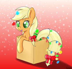 Size: 2300x2209 | Tagged: safe, artist:canister, applejack, earth pony, pony, g4, bauble, bow, box, christmas, cute, female, high res, jackabetes, missing accessory, open mouth, ornament, pony in a box, ribbon, smiling, solo, younger