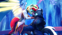 Size: 1920x1080 | Tagged: safe, artist:mercfox438, sunset shimmer, oc, oc:phantomwolf, anthro, unguligrade anthro, g4, 3d, armor, clothes, crossover, mercy, overwatch, request, scenery, shimmercy