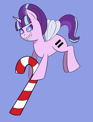 Size: 1280x1684 | Tagged: safe, artist:metamorphean, derpibooru exclusive, starlight glimmer, parasprite, g4, blue background, candy, candy cane, christmas, evil, evil smile, fangs, female, flying, food, grin, micro, paraspritized, simple background, smiling, solo, species swap