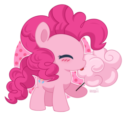 Size: 600x600 | Tagged: safe, artist:exceru-karina, pinkie pie, pony, g4, chibi, cotton candy, cute, diapinkes, female, food, licking, solo, tongue out