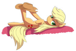 Size: 1023x687 | Tagged: safe, artist:zigorsun, applejack, earth pony, pony, g4, female, looking at you, on back, simple background, smiling, solo, transparent background