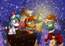 Size: 5787x4092 | Tagged: safe, artist:simonk0, oc, oc only, oc:mindful mythos, oc:sentinel shield, oc:snowy silvercast, pegasus, pony, unicorn, absurd resolution, christmas, christmas lights, clothes, compass, costume, glasses, headband, holly, lightbulb, map, ponyville, present, reindeer antlers, sack, saddle bag, santa costume, scarf, sleigh, snow, snowfall, socks, tired eyes