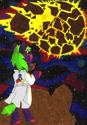 Size: 2449x3489 | Tagged: safe, artist:saxpony, oc, oc only, oc:space gaze, pony, unicorn, clothes, earth shattering kaboom, explosion, female, high res, lab coat, mare, planet, space, traditional art