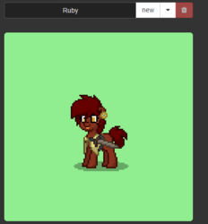 Size: 441x475 | Tagged: safe, oc, oc only, oc:ruby rouge, earth pony, pony, colt quest, pony town, clothes, ear piercing, earring, female, filly, jewelry, piercing, pixel art, screenshots, shirt, solo, sprite, sword, teenager, weapon