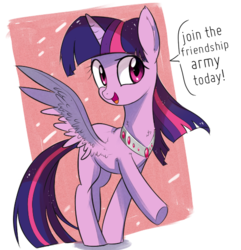 Size: 518x538 | Tagged: safe, artist:aureai, twilight sparkle, alicorn, pony, g4, dialogue, female, jewelry, mare, necklace, open mouth, raised hoof, simple background, smiling, solo, speech bubble, spread wings, transparent background, twilight sparkle (alicorn), underhoof