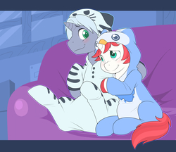 Size: 3308x2864 | Tagged: safe, artist:cuddlehooves, derpibooru exclusive, oc, oc only, oc:chilled steel, oc:felix, pony, unicorn, blushing, clothes, costume, couch, cute, footed sleeper, gay, high res, kigurumi, male, pajamas, sitting, snuggling