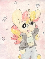 Size: 673x885 | Tagged: safe, artist:slightlyshade, sunset shimmer, pony, g4, belly button, bipedal, clothes, equestria girls outfit, female, midriff, solo, traditional art