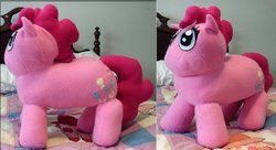 Size: 900x490 | Tagged: artist needed, safe, pinkie pie, earth pony, pony, g4, bed, irl, photo, plushie, solo, wtf