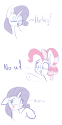 Size: 1280x2552 | Tagged: safe, artist:heir-of-rick, pinkie pie, rarity, earth pony, pony, unicorn, g4, :t, blushing, cute, darling, eyes closed, female, floppy ears, looking away, mare, no u, oh stop it you, oh you, open mouth, pointing, raised hoof, simple background, sketch, smiling, white background