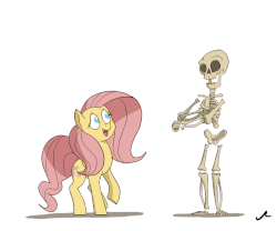 Size: 864x720 | Tagged: safe, artist:docwario, fluttershy, human, pegasus, pony, g4, 2spooky, animated, bone, cute, dancing, duo, female, gif, happy, open mouth, shyabetes, simple background, skeleton, smiling, spooky scary skeleton, spoopy, wat, white background