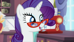Size: 1920x1080 | Tagged: safe, screencap, rarity, pony, unicorn, canterlot boutique, g4, bust, cute, female, glasses, mare, open mouth, raribetes, sewing machine, smiling, solo