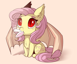 Size: 1953x1637 | Tagged: safe, artist:evehly, angel bunny, fluttershy, bat pony, pony, rabbit, g4, abuse, angel finally gets what he deserves, angelbuse, animal, animal abuse, animal prey, behaving like a cat, chest fluff, chibi, cute, ear fluff, eaten alive, eating, female, flailing, fluffy, flutterbat, flutterpred, grimcute, looking up, predation, race swap, red eyes, shyabates, shyabetes, sitting, slit pupils, solo, spread wings, sweet dreams fuel