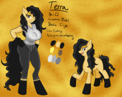 Size: 1280x1024 | Tagged: safe, artist:solratic, oc, oc only, oc:terra, earth pony, anthro, unguligrade anthro, anthro oc, big breasts, breasts, clothes, curvy, digital art, female, model, reference sheet, solo