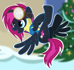 Size: 1090x1035 | Tagged: safe, artist:noah-x3, oc, oc only, oc:neon flare, pegasus, pony, christmas tree, female, flying, mare, show accurate, snow, solo, tree, wonderbolt trainee uniform