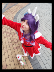 Size: 3456x4608 | Tagged: safe, artist:krazykari, rarity, human, g4, bag, clothes, cosplay, costume, high res, irl, irl human, looking at you, photo, santa costume, solo
