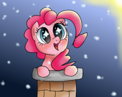 Size: 850x680 | Tagged: safe, artist:ehfkdl569, pinkie pie, pony, g4, chimney, cute, diapinkes, female, smiling, snow, snowfall, solo, starry eyes, wingding eyes