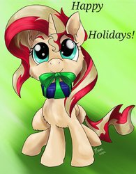 Size: 600x768 | Tagged: safe, artist:firimil, sunset shimmer, pony, unicorn, g4, cute, female, gift giving, happy holidays, looking at you, mouth hold, present, shimmerbetes, sitting, solo