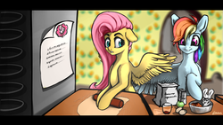 Size: 1920x1080 | Tagged: safe, artist:limchph2, angel bunny, fluttershy, rainbow dash, g4, apple, baking, carrot, dough, food, kitchen, rolling pin, spread wings, trio