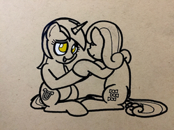 Size: 1334x1000 | Tagged: safe, artist:ashtoneer, bon bon, lyra heartstrings, sweetie drops, g4, female, holding hooves, lesbian, looking at each other, open mouth, partial color, sepia, ship:lyrabon, shipping, sitting, smiling, traditional art