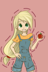 Size: 2000x3000 | Tagged: safe, artist:skune, applejack, human, g4, apple, cute, dungarees, female, food, grin, hatless, humanized, light skin, looking at you, missing accessory, obligatory apple, overalls, smiling, solo