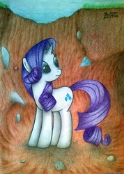 Size: 2000x2808 | Tagged: safe, artist:ponystarpony, rarity, pony, g4, female, high res, hole, rock, solo, traditional art