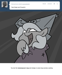 Size: 666x800 | Tagged: safe, artist:egophiliac, princess luna, pony, moonstuck, g4, cackling, cartomancer's cap, female, filly, grayscale, great and powerful, marauder's mantle, monochrome, solo, woona, woonoggles, younger