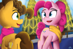 Size: 5400x3600 | Tagged: safe, artist:purpleblackkiwi, cheese sandwich, pinkie pie, g4, absurd resolution, christmas, clothes, cute, hearth's warming, lights, looking at each other, male, scarf, secret santa, ship:cheesepie, shipping, straight, tree