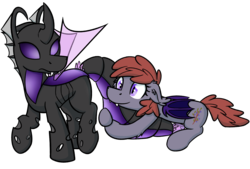 Size: 2162x1464 | Tagged: safe, artist:moemneop, oc, oc only, oc:lukida, oc:memorynumber, bat pony, changeling, pony, changeling oc, hug, purple changeling, simple background, tail hug, transparent background