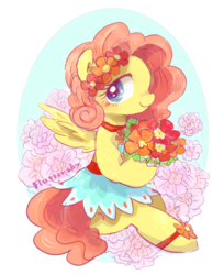 Size: 678x832 | Tagged: artist needed, source needed, safe, fluttershy, pony, g4, bouquet, clothes, cute, dress, female, flower, flower in hair, holding, looking at you, profile, shyabetes, sitting, solo