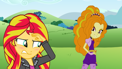 Size: 640x360 | Tagged: safe, artist:ktd1993, adagio dazzle, sunset shimmer, equestria girls, g4, blushing, female, lesbian, ship:sunsagio, shipping, stupid sexy adagio dazzle