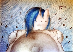 Size: 2847x2000 | Tagged: safe, artist:ponystarpony, dj pon-3, vinyl scratch, pony, g4, bass cannon, eyes closed, female, high res, hug, music notes, solo, traditional art