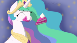 Size: 2560x1440 | Tagged: safe, artist:cadetredshirt, princess celestia, pony, g4, cake, cakelestia, eyes closed, female, food, magic, solo, telekinesis