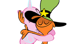 Size: 1024x581 | Tagged: safe, base, crossover, eyes closed, hug, wander (wander over yonder), wander over yonder