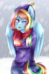 Size: 1984x3000 | Tagged: safe, artist:scarlet-spectrum, rainbow dash, anthro, g4, clothes, cute, female, hat, looking at you, one eye closed, scarf, snow, solo, sweater, tongue out, wink, winter