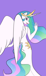 Size: 1100x1800 | Tagged: safe, artist:deathalchemist94, princess celestia, anthro, g4, clothes, dress, female, from behind, looking back, purple background, simple background, solo, waving