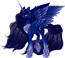 Size: 1432x1294 | Tagged: safe, artist:anxiouslilnerd, artist:olivecow, princess luna, pony, g4, collaboration, female, frown, simple background, solo, spread wings, transparent background