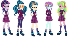 Size: 1154x612 | Tagged: safe, indigo zap, lemon zest, sugarcoat, sunny flare, equestria girls, g4, my little pony equestria girls: friendship games, bedroom eyes, bowtie, bracelet, clothes, crystal prep academy uniform, ear piercing, earring, glasses, goggles, hand on butt, hand on hip, hands behind back, headphones, jewelry, palette swap, piercing, recolor, school uniform, shoes, socks