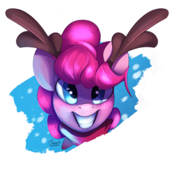 Size: 900x900 | Tagged: safe, artist:tangomangoes, pinkie pie, earth pony, pony, g4, clothes, cute, diapinkes, female, grin, looking at you, reindeer antlers, scarf, smiling, snow, snowfall, solo