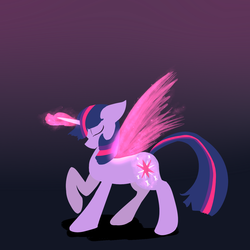 Size: 1250x1250 | Tagged: safe, artist:lunar-march, twilight sparkle, alicorn, pony, g4, artificial wings, augmented, female, glowing horn, gradient background, horn, magic, magic wings, raised hoof, solo, twilight sparkle (alicorn), wings