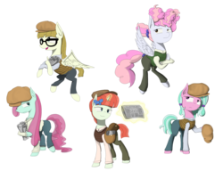 Size: 3000x2300 | Tagged: safe, artist:raveyard, bubblegum brush, cotton puff, rainberry, sugar stix, zippoorwhill, earth pony, pegasus, pony, unicorn, equestria daily, g4, bag, clothes, female, filly, flying, glasses, glowing horn, group, hat, high res, horn, levitation, magic, magic aura, newspaper, saddle bag, telekinesis