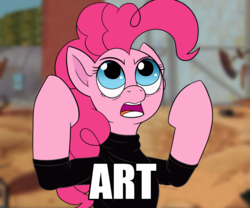 Size: 1500x1250 | Tagged: safe, artist:underwoodart, pinkie pie, earth pony, pony, g4, bipedal, blurry background, bottom text, clothes, dean mccoppin, female, image macro, meme, parody, ponified, ponified meme, reaction image, solo, sweater, text, the iron giant, turtleneck