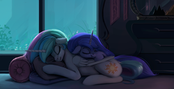 Size: 1600x825 | Tagged: safe, artist:rodrigues404, princess celestia, princess luna, alicorn, pony, g4, cabinet, cuddling, cute, cutelestia, duo, eyes closed, female, floppy ears, fluffy, freckles, lunabetes, mare, missing accessory, nap, pillow, pony pillow, prone, royal sisters, sisters, sleeping, smiling, snuggling, window