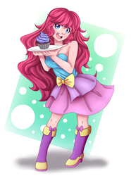 Size: 1485x2000 | Tagged: safe, artist:alphab33, pinkie pie, human, g4, beautiful, boots, clothes, cupcake, cute, diapinkes, dress, fall formal outfits, female, food, high heel boots, humanized, plate, pony coloring, sleeveless, solo, strapless