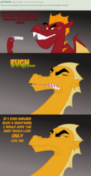 Size: 730x1414 | Tagged: safe, artist:queencold, garble, oc, oc:caldera, dragon, ask caldera, g4, ask, comic, dialogue, disgusted, dragon oc, dragoness, duo, mother and son, teenaged dragon, text, tumblr
