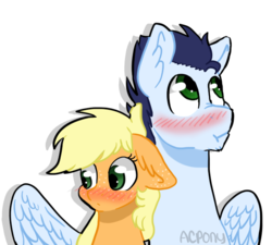 Size: 639x576 | Tagged: safe, artist:artistcoolpony, applejack, soarin', pony, g4, blushing, crack shipping, hatless, incoming winghug, male, missing accessory, ship:soarinjack, shipping, simple background, straight, transparent background